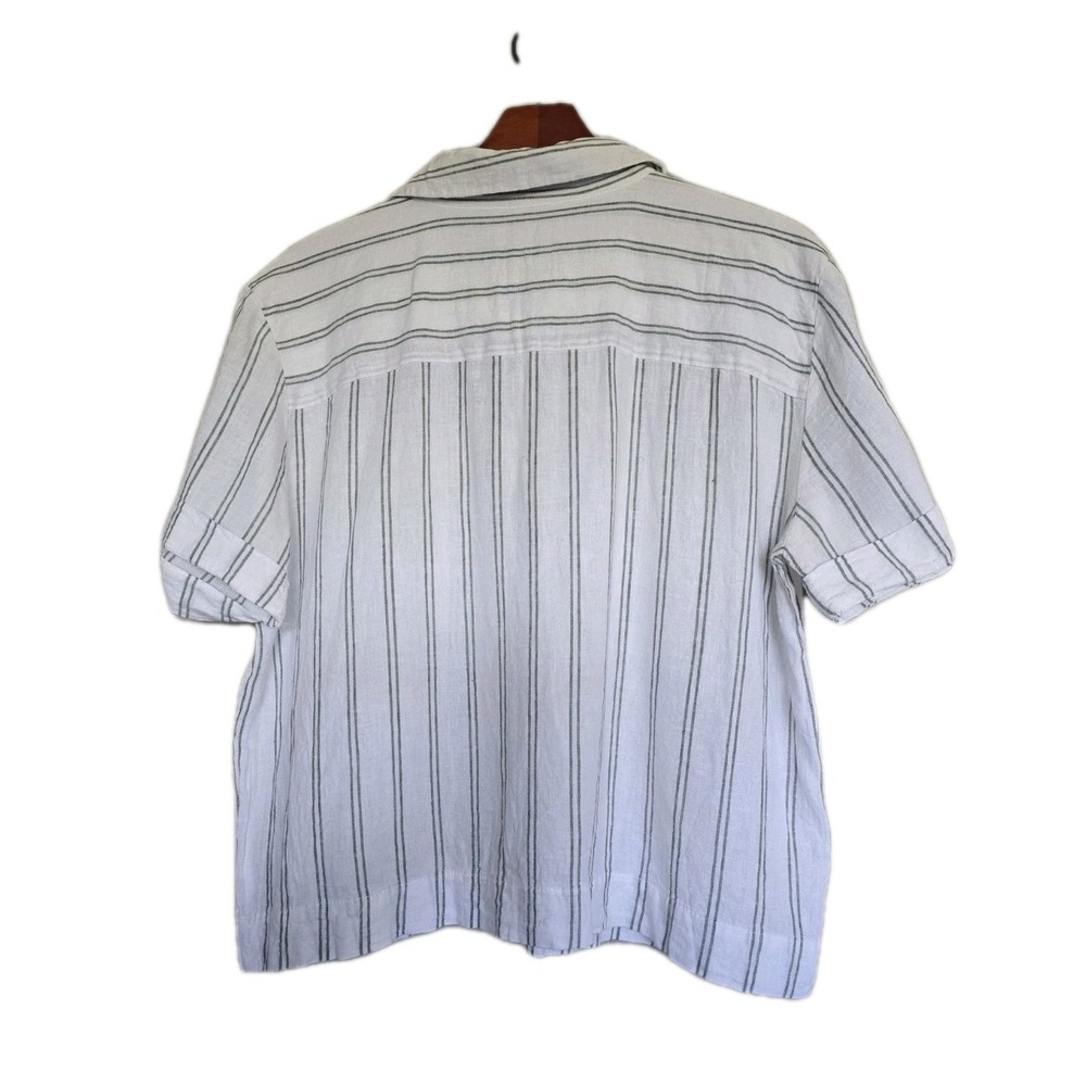 Striped Linen Blend Cream Green Short Sleeve Button Up Shirt Size Large - Picture 5 of 8
